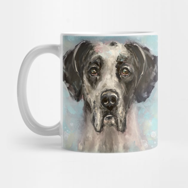 Chaotic Painting of a Black and White Great Dane on a Light Blue Background by ibadishi